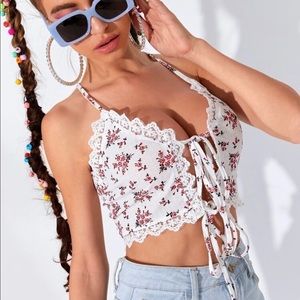 NWOT floral print lace tie front cami top